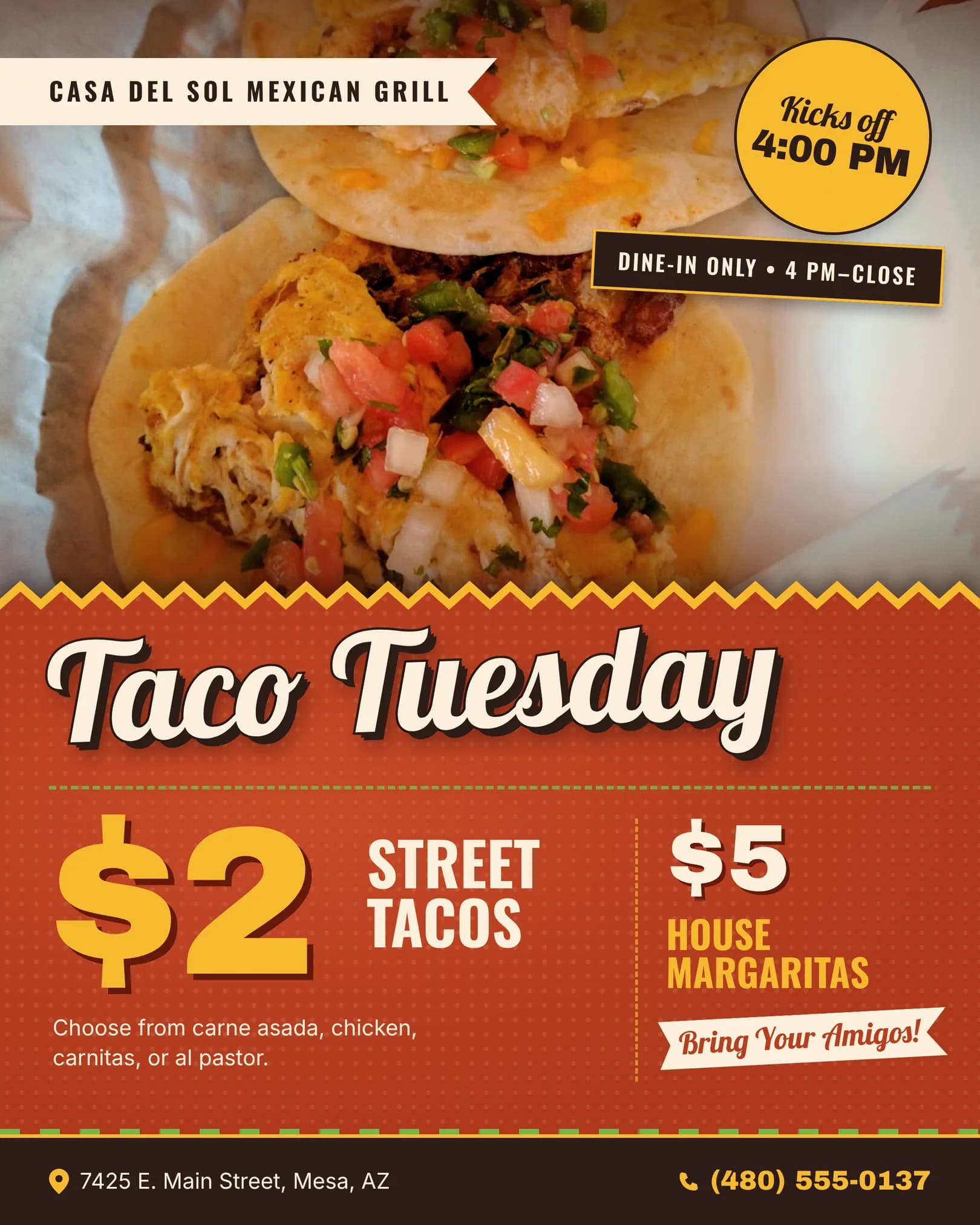 The same Taco Tuesday flyer redesigned by Unslop, with the same prices, hours, address and phone number