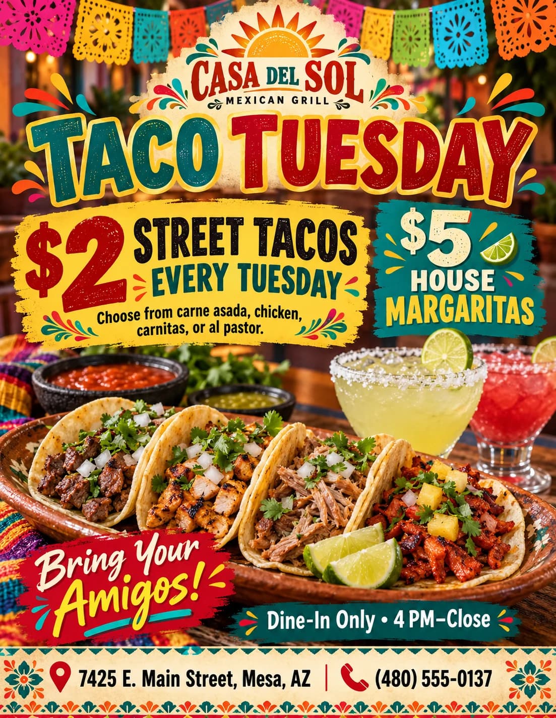A busy ChatGPT-made Taco Tuesday flyer for Casa Del Sol, before Unslop
